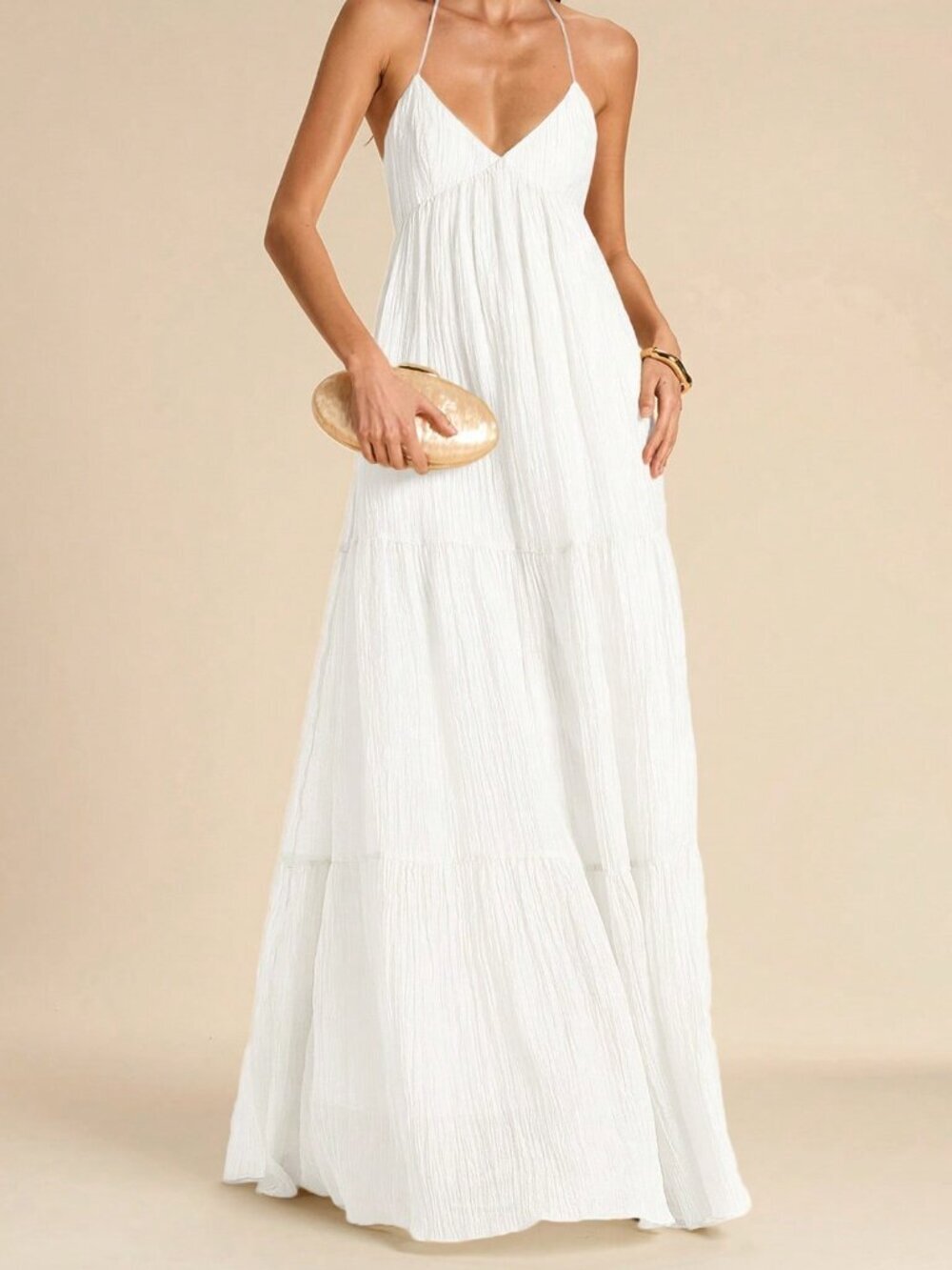 White Boho Women's Spaghetti Strap Backless Tie Bow Pleated Dress